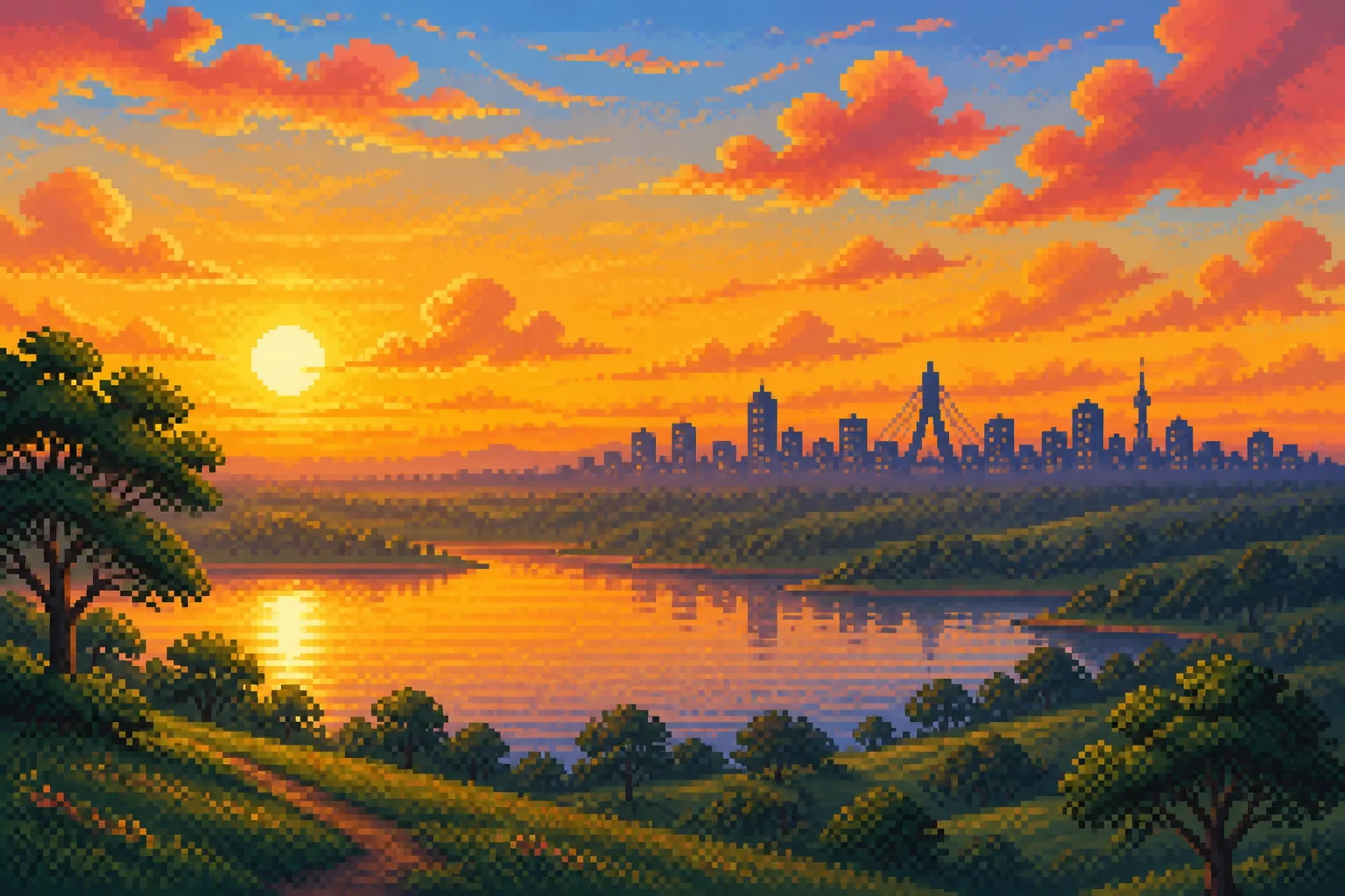 Ilustração em pixel art de um entardecer com o skyline de São Paulo ao fundo
